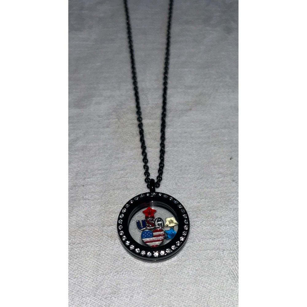 Origami Owl Black Floating Locket Necklace Patriotic USA Flag Star Charms NIB